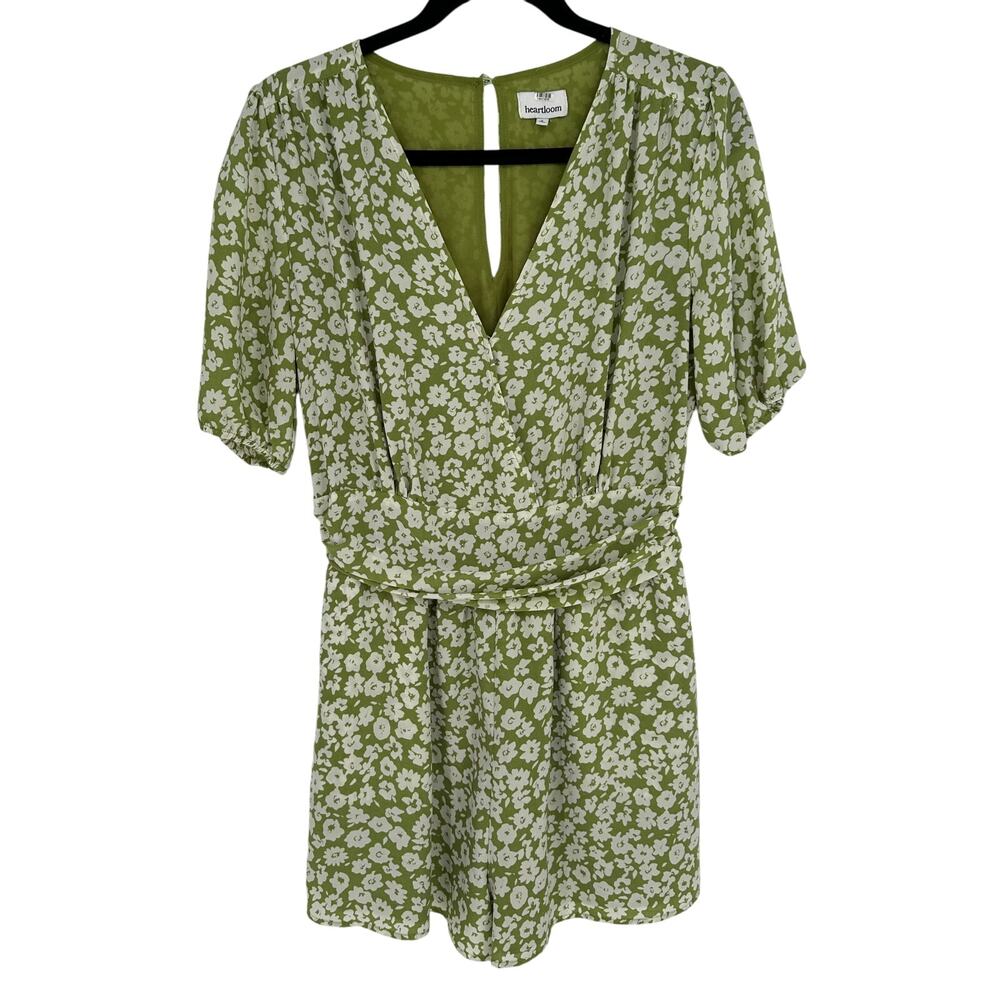 Heartloom Emory Floral Romper Womens Small S Green White V-Neck Short Sleeve‎